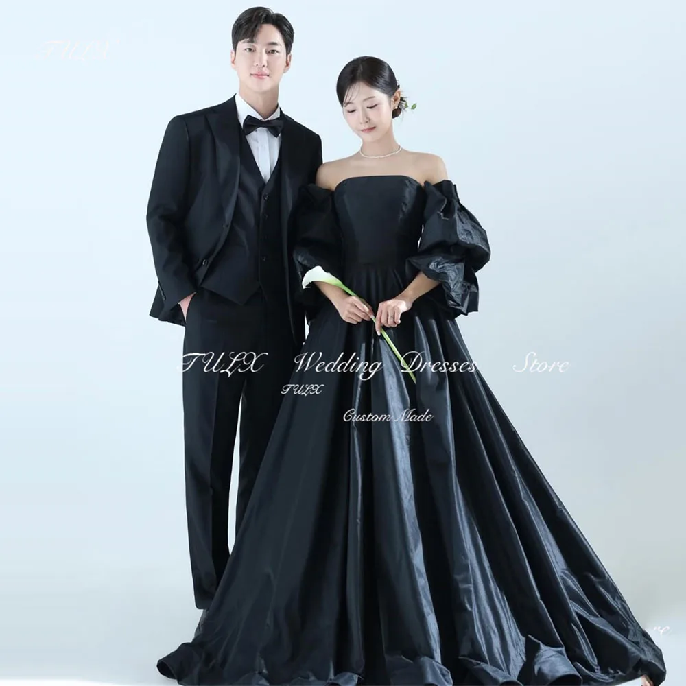 

TULX Simple Black Taffeta Evening Dress Korea Wedding Dress Photo Shoot Strapless Puff Sleeves Party Long Corset Customized 2025