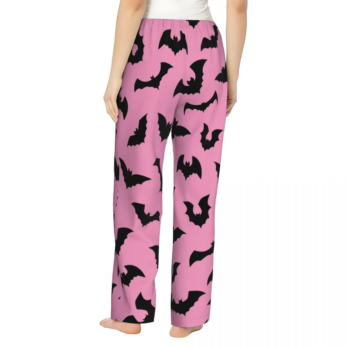 Custom Print Women Pastel Goth Pink Black Bats Pajama Pants Halloween Witch Sleepwear Sleep Lounge Bottoms with Pockets