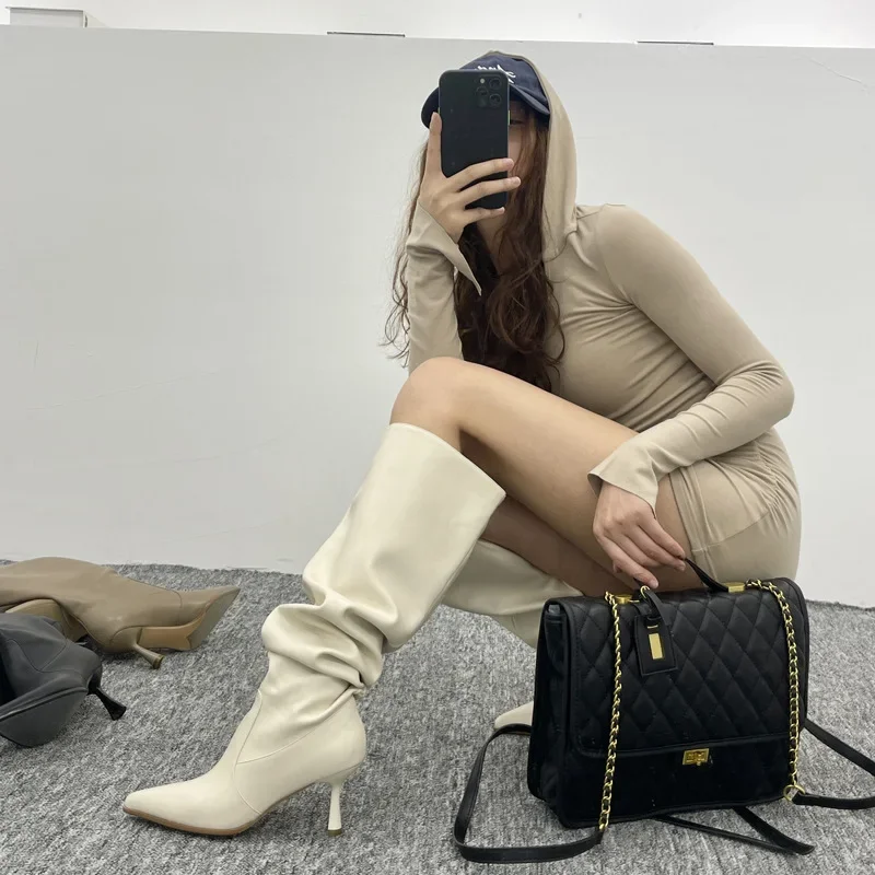 Party Modern Ladies Knee High Boots Pointed Toe Fashion Pleated Western Women Long Boots Shoes Female Pumps Heels Shoes