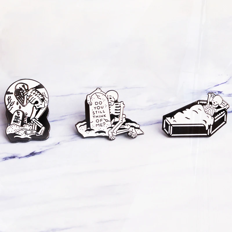 Punk dark humor Badge Gift for friends Lapel Pins jewelry for Jeans cap bag Lonely death enamel  Pins Skeleton coffin grave Pin