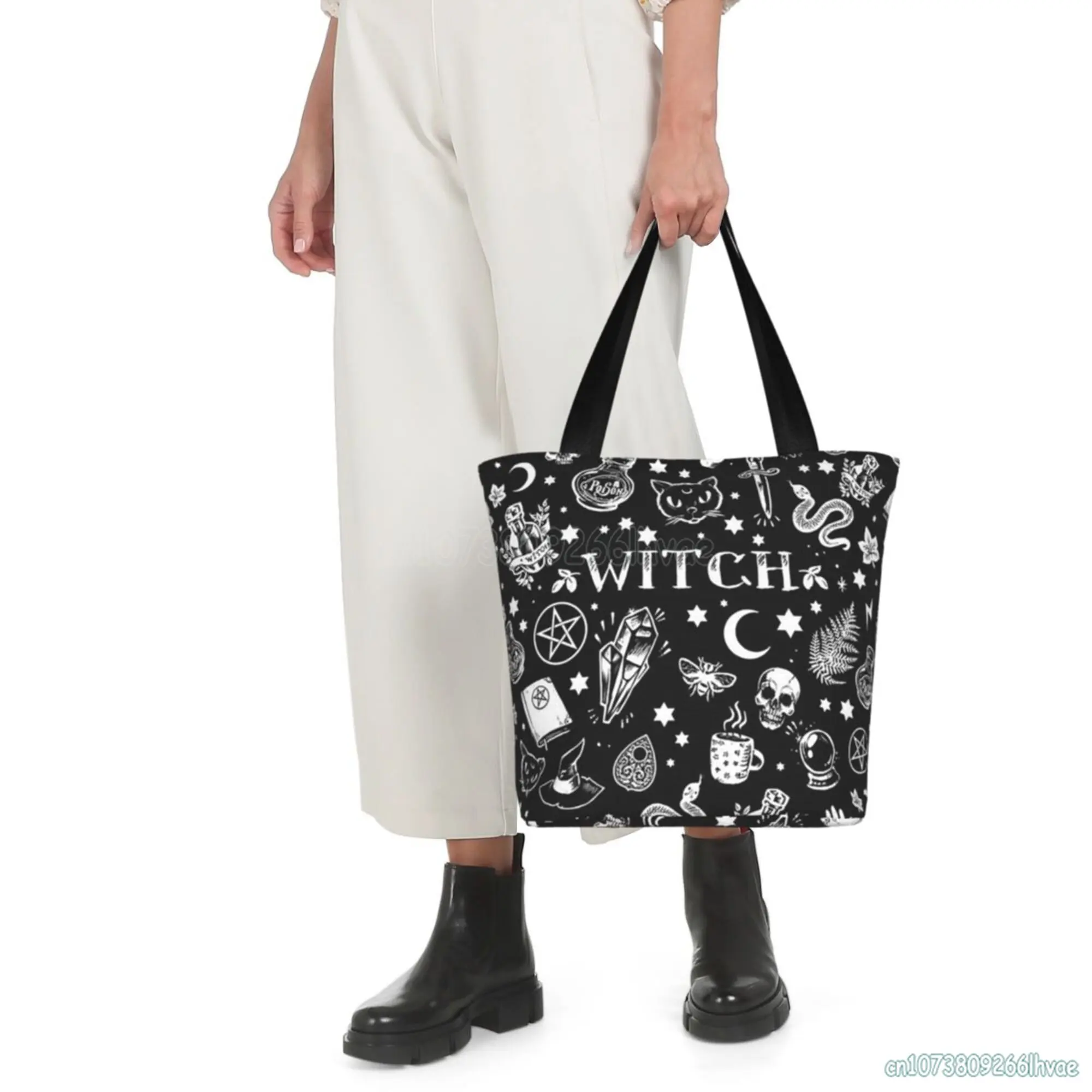 Halloween Witch Skull Pattern Shopping Bag Evil Horror Reusable Grocery Shopping Tote Bag Storage Handbag Women Shoulder Bag