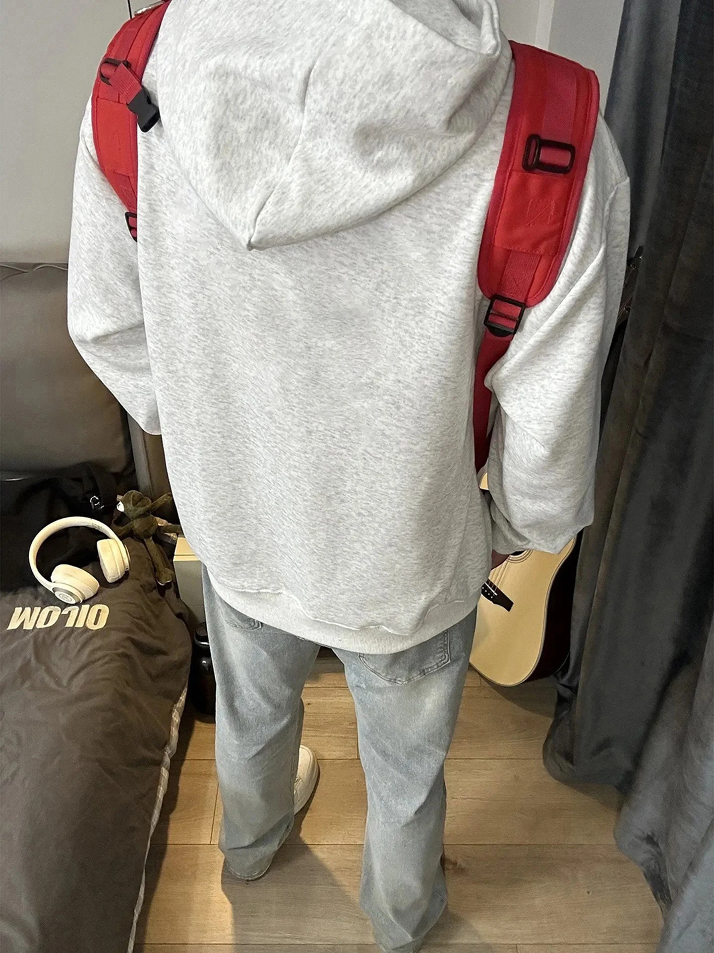 سترة بقلنسوة ثقيلة الوزن 500 جرام للرجال ربيع الخريف العلامة التجارية العصرية الصلبة والصلبة زوجين أبلى زهرة بيضاء ey #3