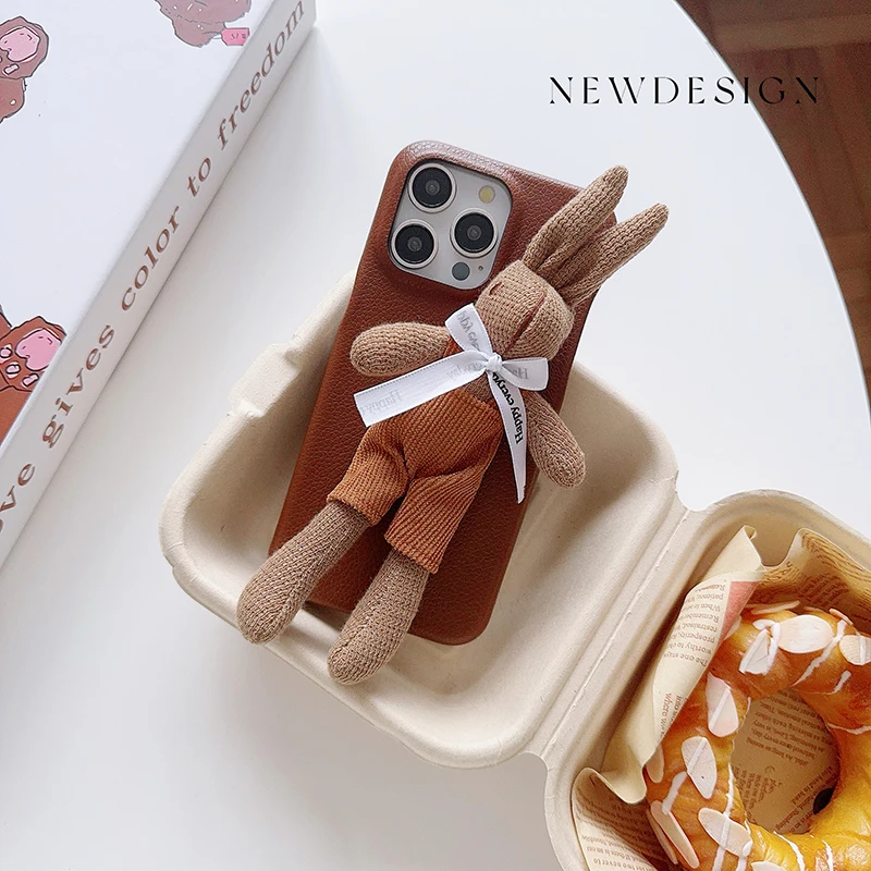 Brown Leather Plush Toy Bunny Phone Case for iPhone 15 14 13 12 11 16 Pro Max Ins Maillard Creative Anti-Drop Back Case