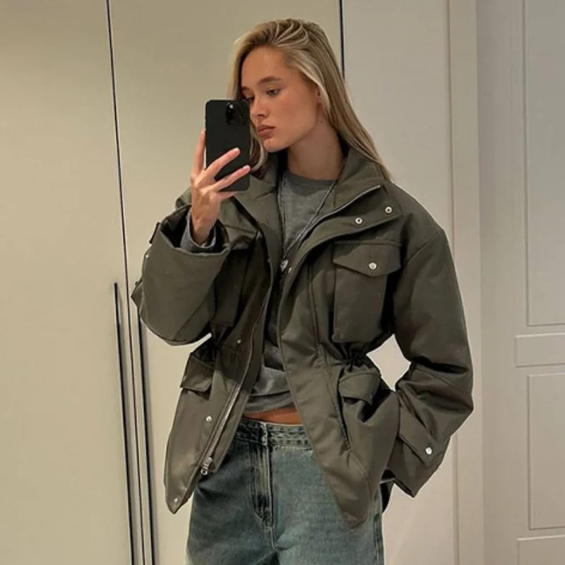 High Neck Zipper Multi Pockets Jacket Woman Solid Color Waist Cinched Long Sleeve Casual Coat Fashion Street Women's New Jackets 7