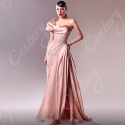 Customized Pink Sequin Evening Dresses One Shoulder Gorgeous Prom Dress Satin Formal Occasion Wedding Party Gown Robe Soiree