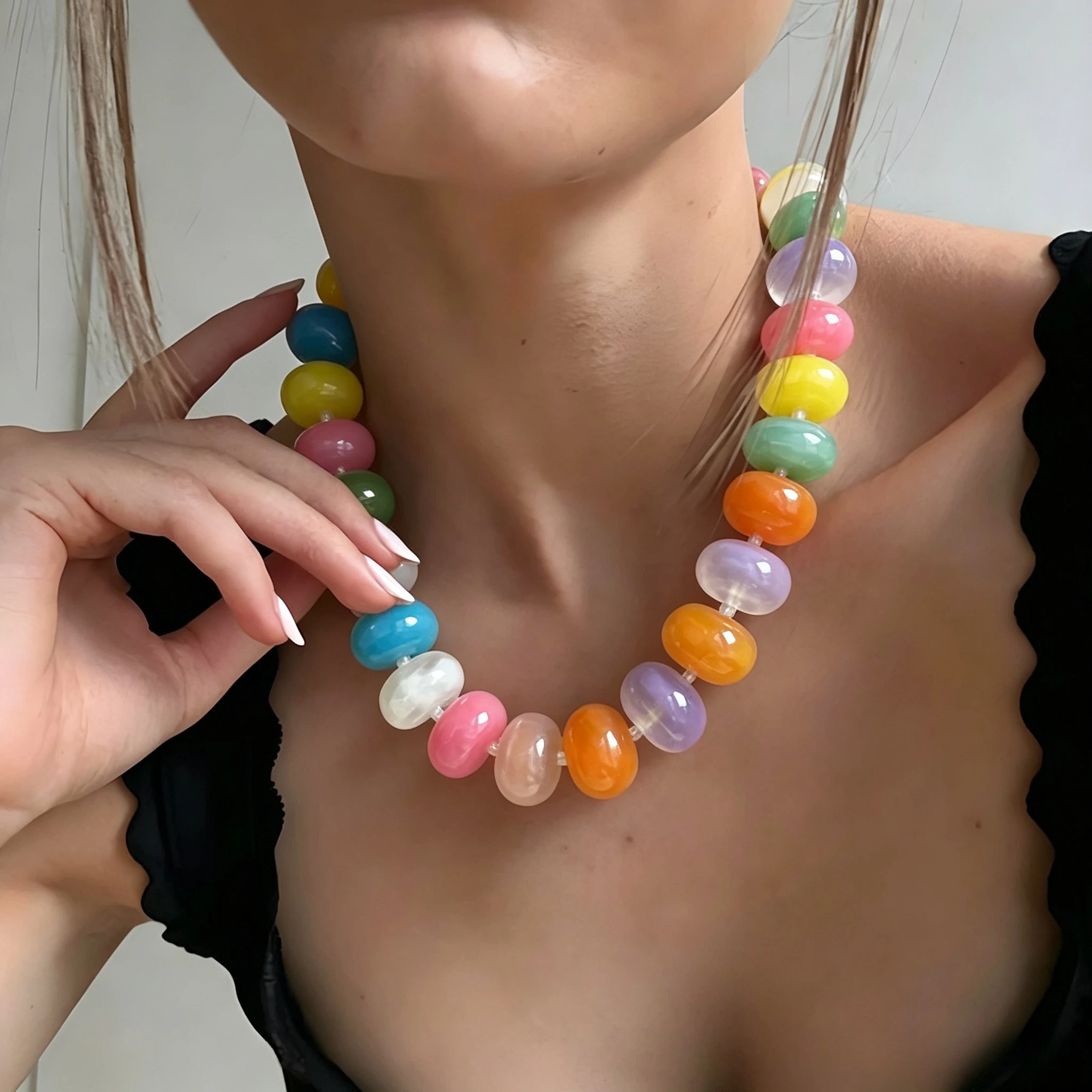 Bohemian Fashion Casual Colorful Resin Beaded Choker Necklaces for Women Charms Chunky Vintage Elegant Jewelry