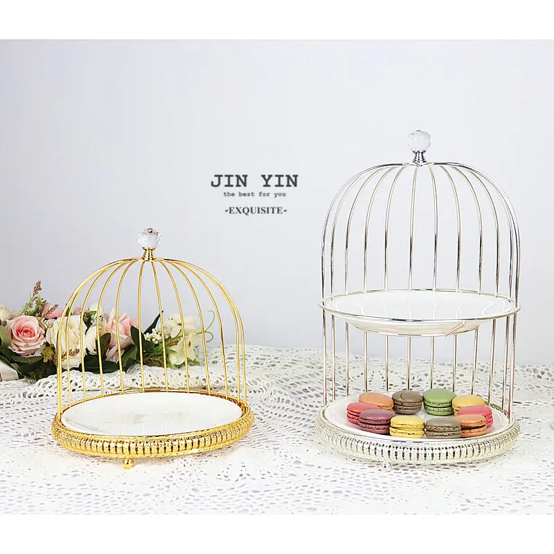 Birdcage Cake Stand Two Floors Three Ceramic Plate Golden Silver Metal Snack Rack Dessert Pastry Tray Display