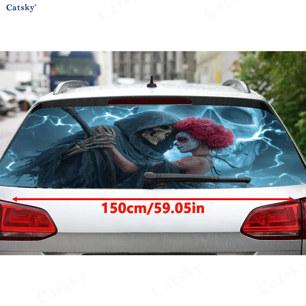 Gothic Style Rose Skull Couple PVC Perforated Car Vinyl Wraps, Durable Car Windshield Sticker, Waterproof Car Window Decal