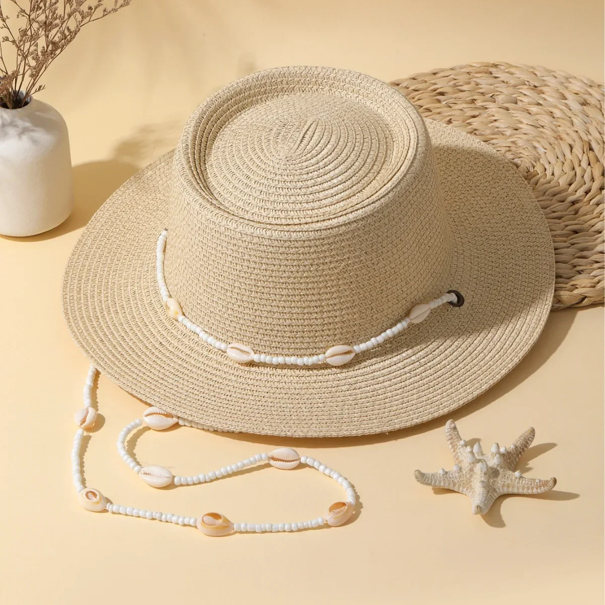 الصيف شخصية قذيفة قلادة القش قبعة الصيف الشمس التظليل المرأة قبعة الشمس عطلة أنيقة، قبعة القش مقعرة قابلة للطي