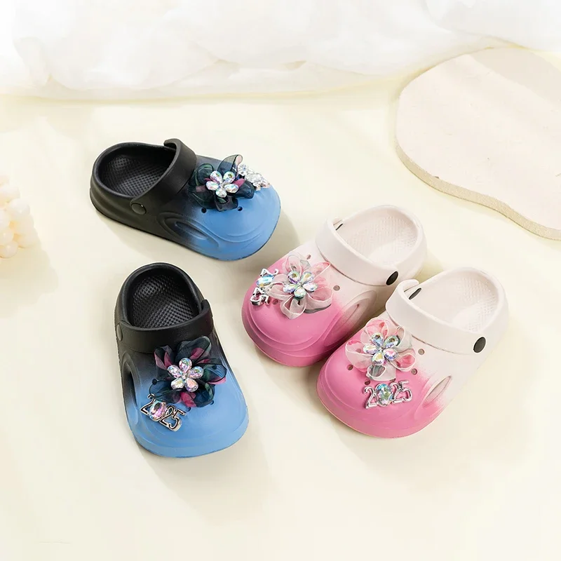 Kids Casual Princess Shoes Outdoors for Girls Slippers Big Crystal Flowers 2025 Summer New Children Beach Shoes Soft Non-slip