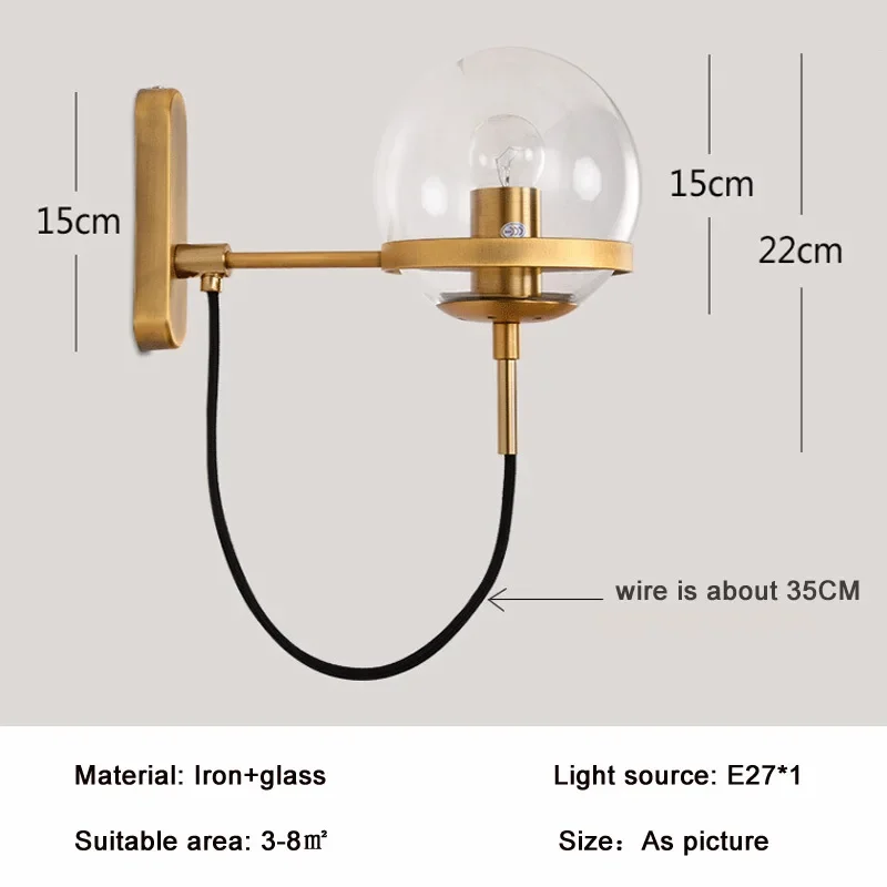 Nordic Glass Ball Wall Lamp Retro Restaurant Simple Copper Color Hotel Bedlight Industrial Style Modern Iron Wall Light