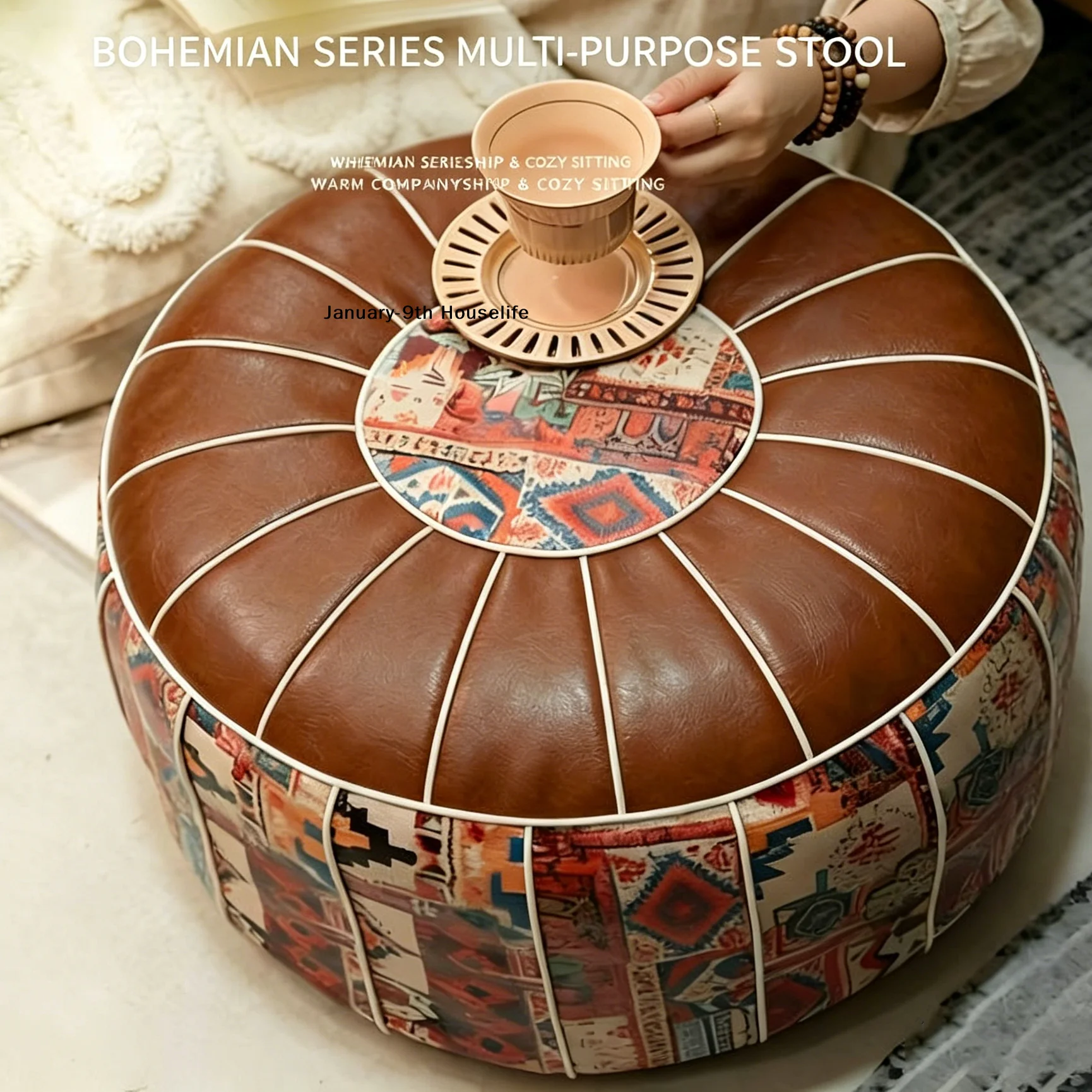 Pouf bohème en cuir PU 53x35cm, brodé, artisanal, ottoman de rangement doux, repose-pieds, décoration intérieure, coussin non rembourré en cuir artificiel