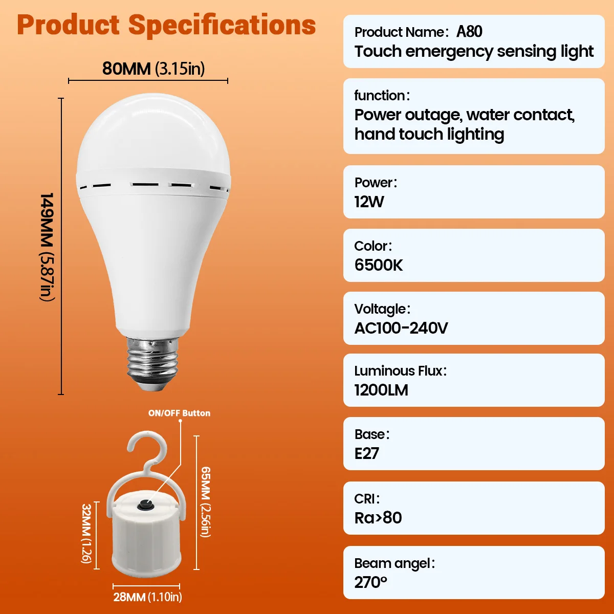 E27 12W LED Rechargeable Bulb White Light 1500mAh  AC100-240V  Emergency Bulb for Home Outdoor Camping Failure Porch Garden Lamp