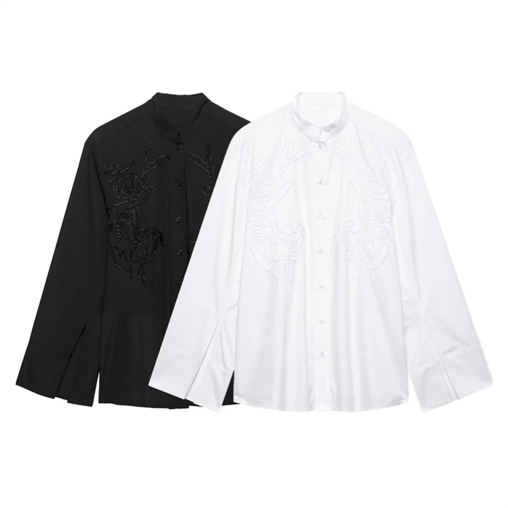 

LIBIELIY LIBIELIY Women's Embroidered Shirt Stand Up Collar Buckle Decoration Spring/Summer New Product Casual Women's Wear