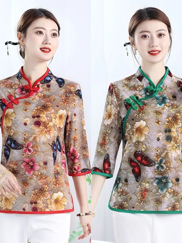 

Летняя женская футболка с цветочным принтом, длинным рукавом, приталенная, в стиле традиционного ципао, для женщин среднего возраста