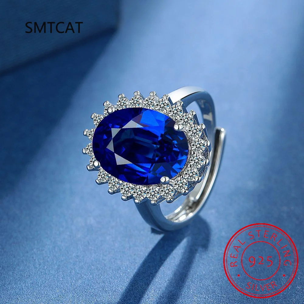 Princess Diana Created Blue Sapphire 925 Sterling Silver Ring Adjustable for Women Fashion Oval Gemstone Jewelry Wedding Gift