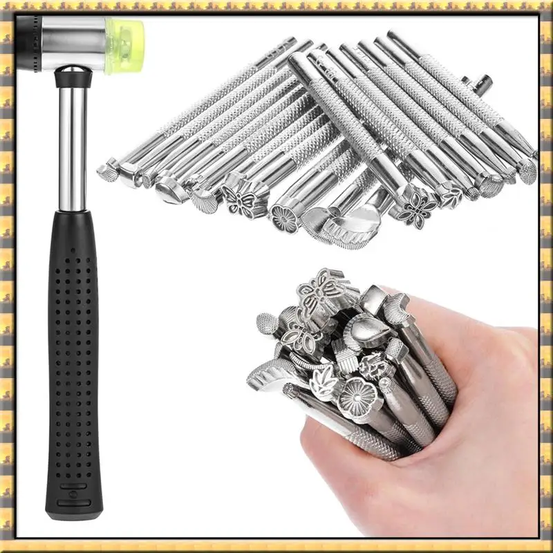 

^AT03 Top 20 различных штампов специальной формы, инструменты для резьбы по коже, набор инструментов для штамповки кожи из 21 предметов с резиновым молотком