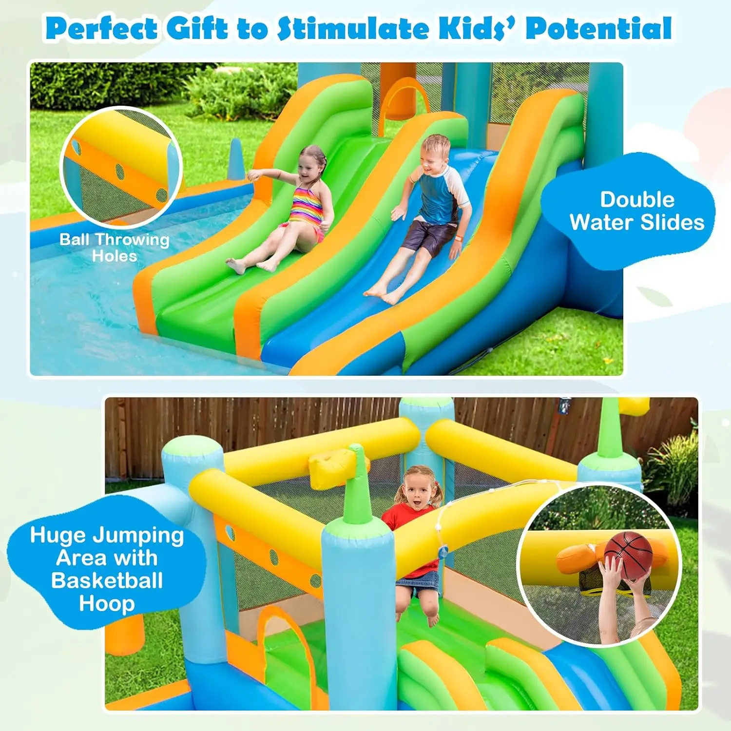 Glissière d'eau gonflable, maison géante de rebond d'eau pour enfants dans l'arrière-cour, château de saut gonflable d'intérieur et d'extérieur pour tout-petits