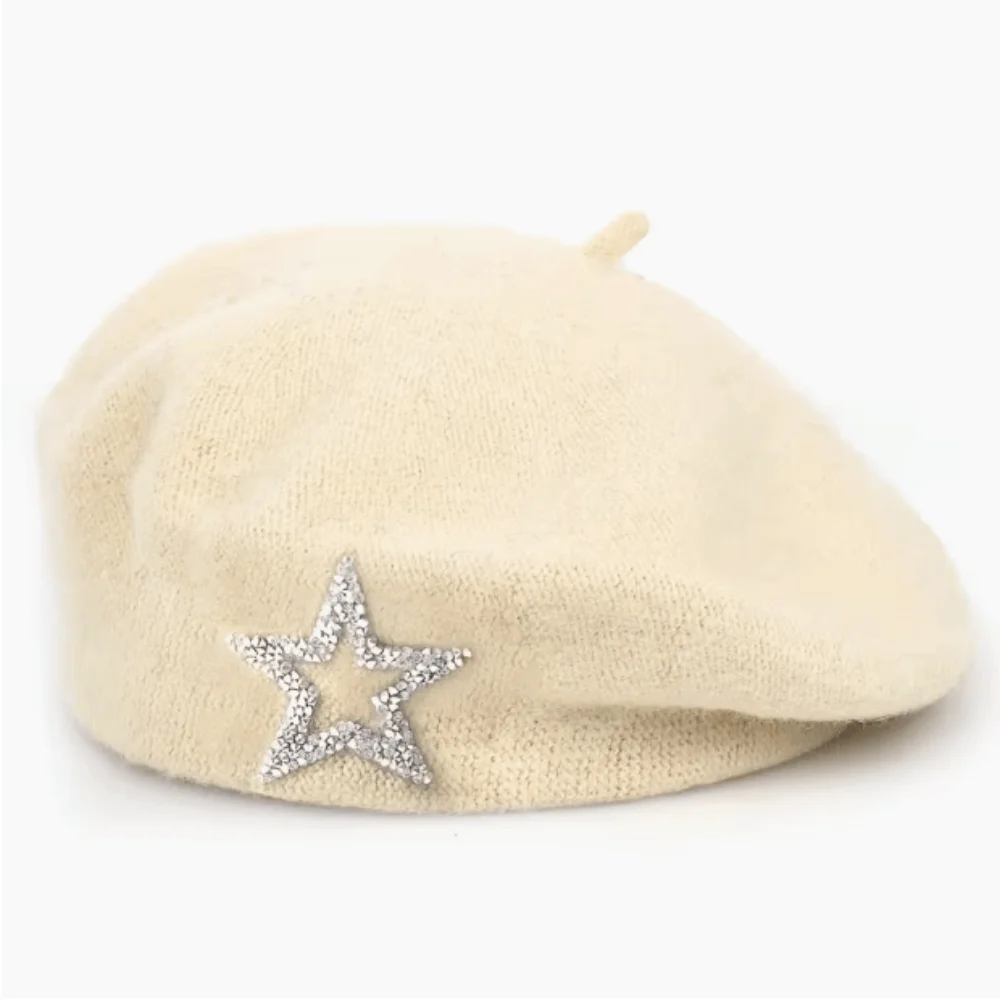 Artist Hat Five-Pointed Star Wool Beret Soft Solid Color Knitted Painter Hat Rhinestone Decor Warm Beanie Cap Travel