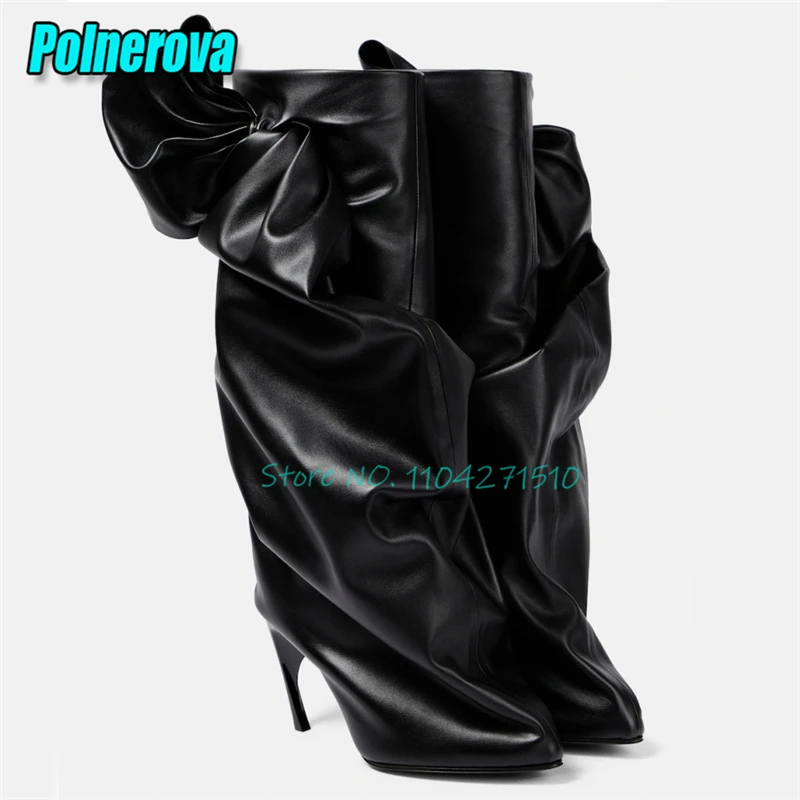 Elegant Women Black Bow Knee High Boots Fashion Pleated Leather Strange Heels Long Boots Pointed Toe High Heels Sleeve Boots view 3