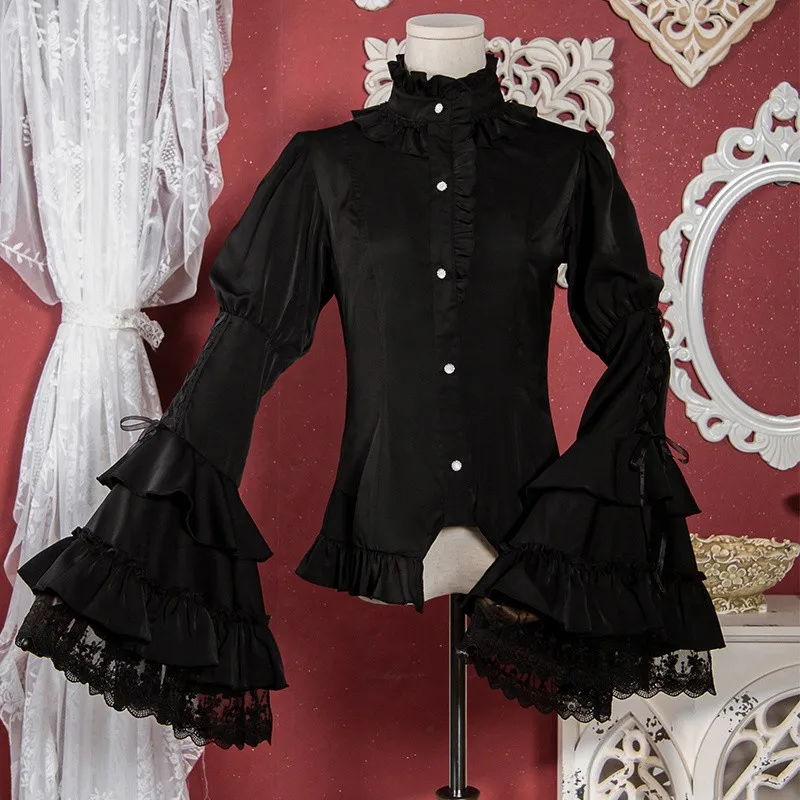 Camisa de gasa Lolita Vintage para mujer, camisa de manga acampanada, cuello de pie, camisa de encaje gótico elegante para mujer, negro y blanco