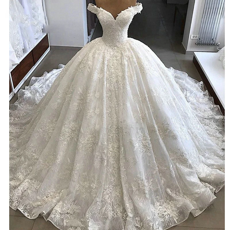 

Romantic Sweetheart Ballgown Luxury Wedding Dress 2023 Sweep Train Off Shoulder Lace Appliques Real Photo Bridal Gowns