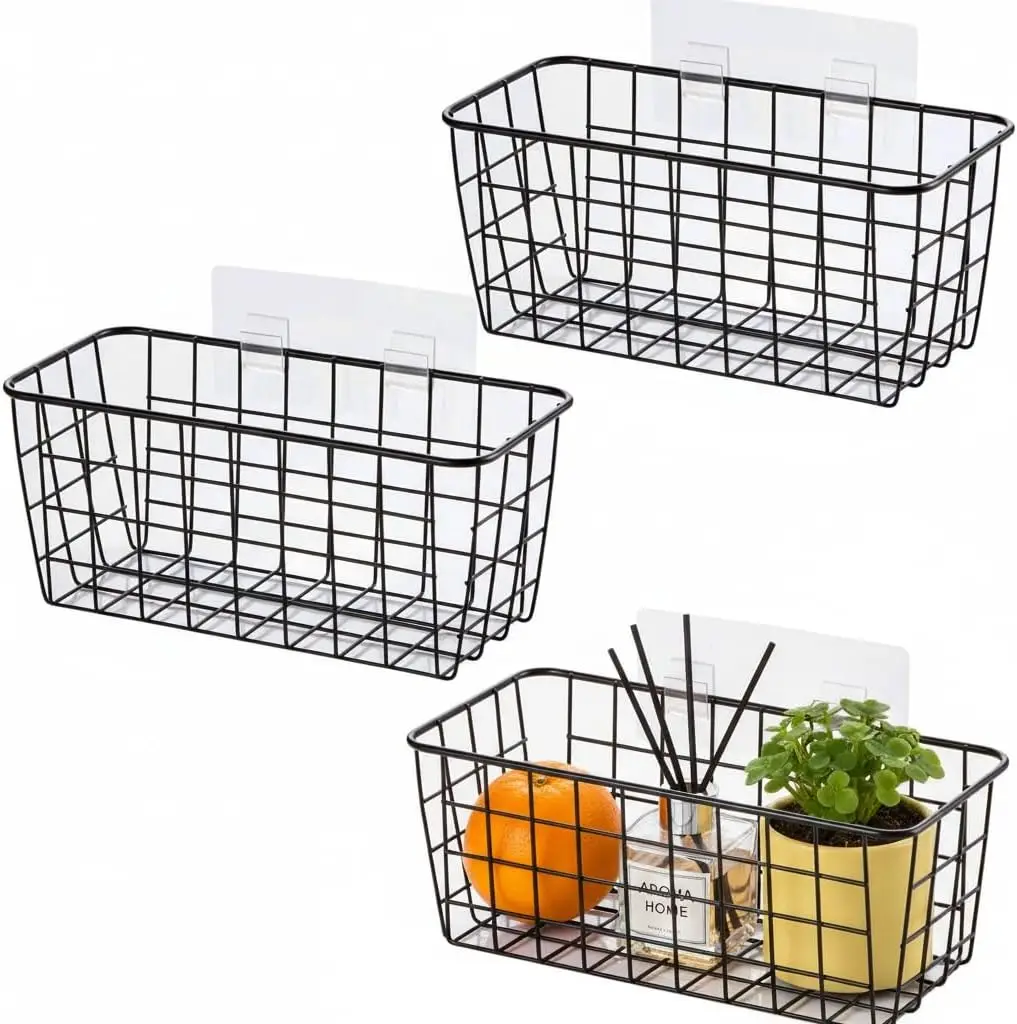 

3 Set Adhesive Over the Cabinet Door Wire Baskets for Organizing for Kitchen Food Pantry Bathroom Shelf Storage No Dr