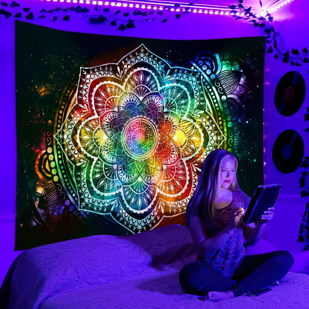 Tapeçaria fluorescente hippie resposta uv psicodélica parede pendurado estilo boho decoração de casa