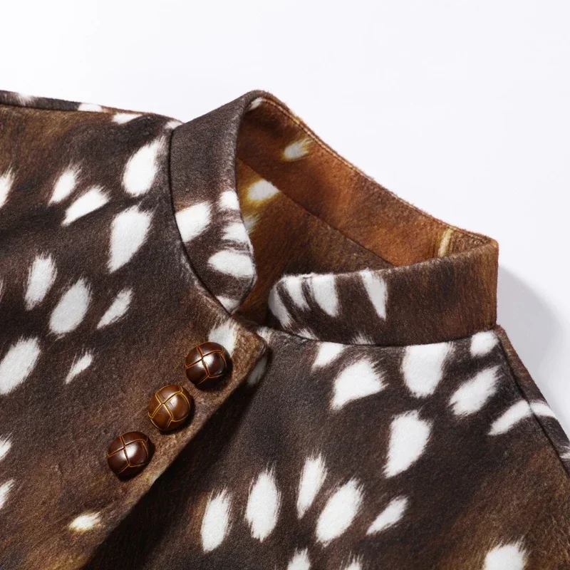 2026 Herbst Winter Sexy Leoparden-Fell-Patchwork-Jacke Damen Schick Langarm Bedruckt Schmal Geschnitten O-Ausschnitt Knopf-Mäntel Damen Oberbekleidung Neu – Detail 3