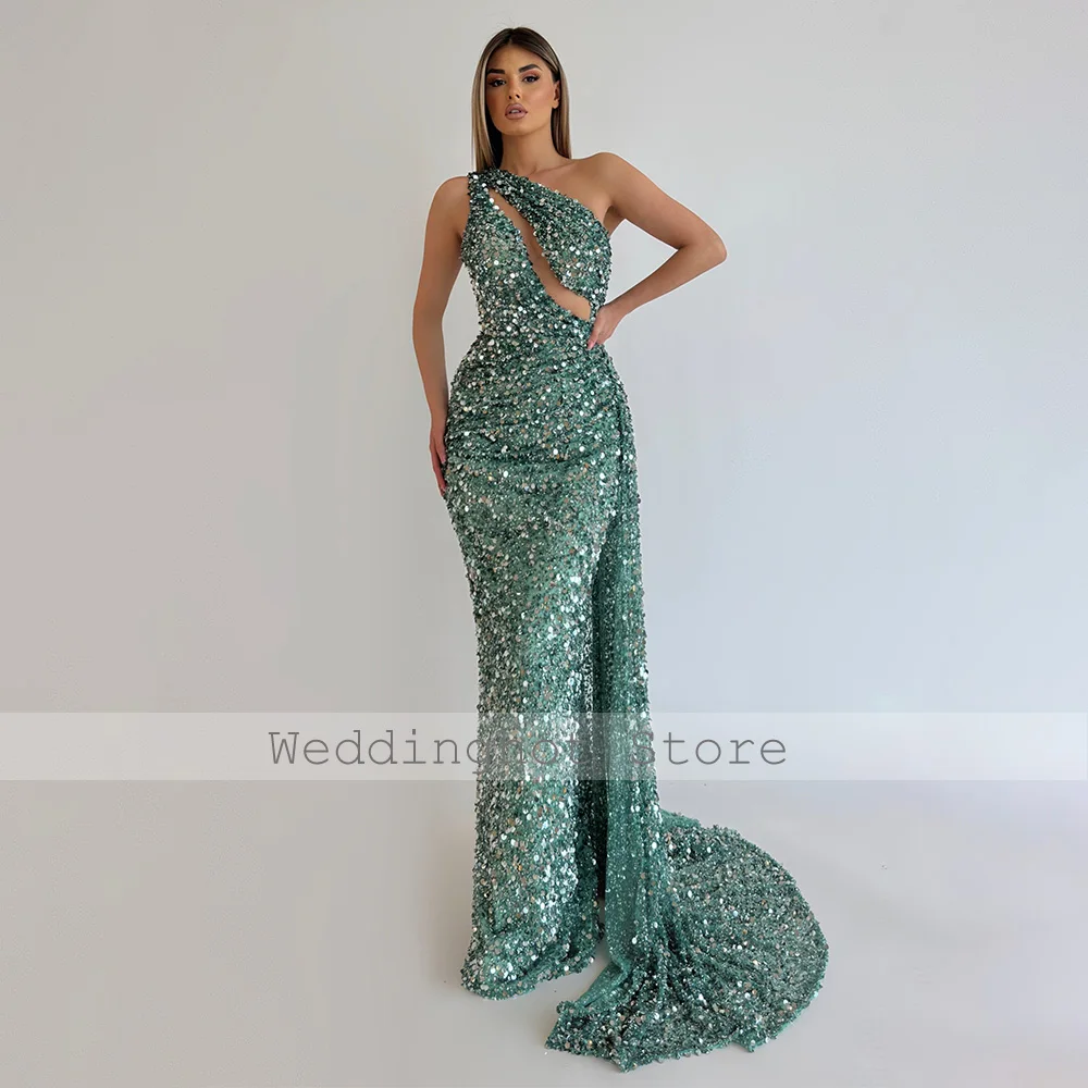 Luxury Prom Dresses 2022 One Shoulder Mermaid Women's Prom Gown Long Sleeveless Beading Sequins Peals Wedding Party Dresses