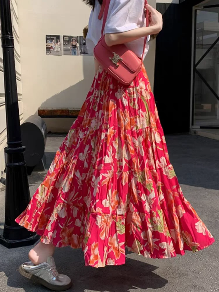 Colorful Bohemian Print Maxi Skirt Summer 2025 High Waist Flowy A-Line Vacation Skirts For Petite Women