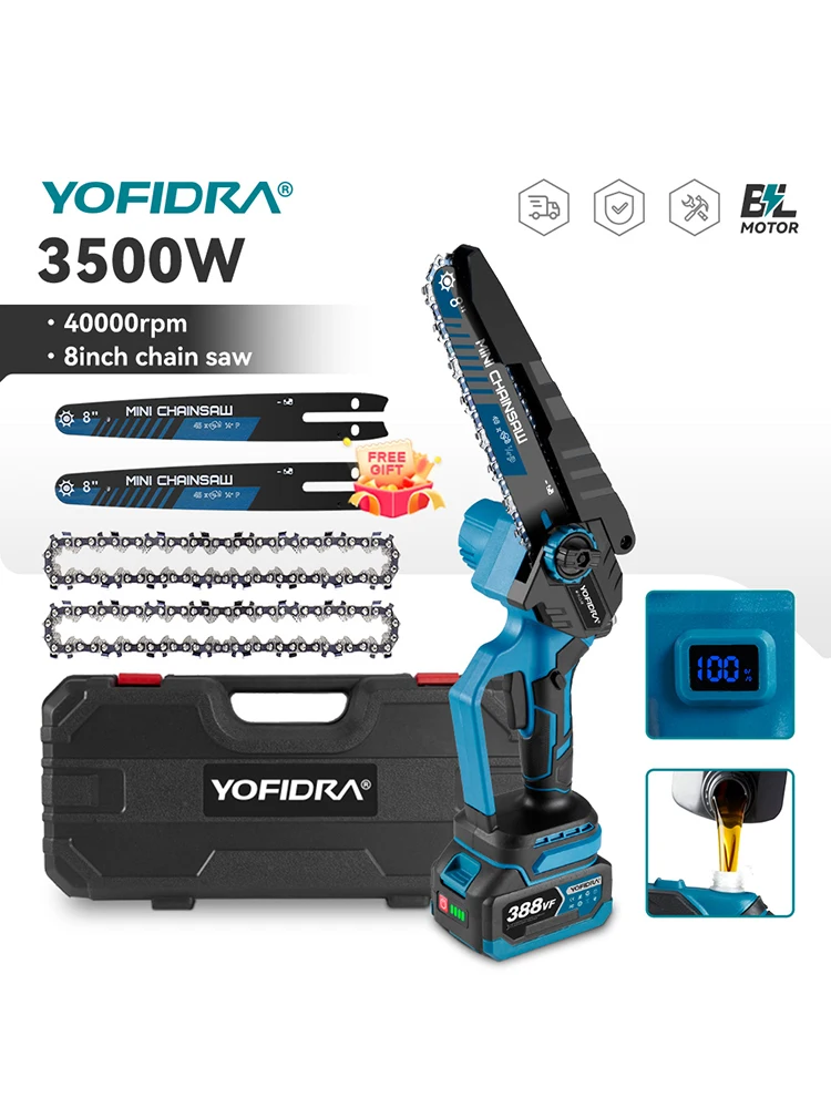 YOFIDRA 8 Zoll Bürstenlose Elektrische Kettensäge 3500 W Handheld Holzbearbeitung Beschneiden Kettensäge Cutter Power Tool Für Makita Batterie pin