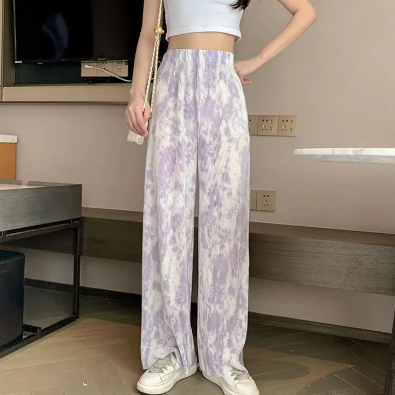 

Korean Tie Dye Ice Silk Wide Leg Women's 2024 Summer New Spliced Elasticized High-waisted Straight Loose Hanging Casual Pants