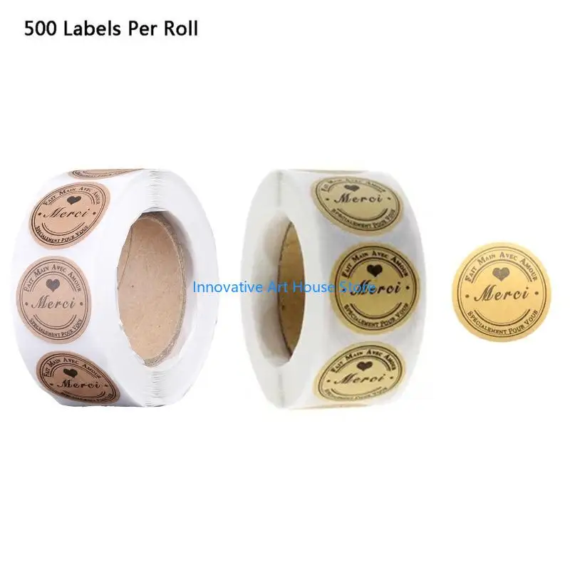 E1PC 500Pcs French Thanks Sealing Labels Adhesive Wrapping Labels Round Seal Sticker for Small Business Packaging Decoration
