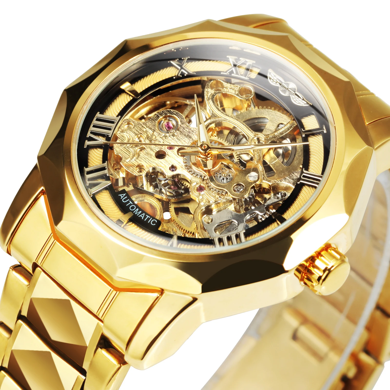 WINNER Royal Mens Mechanical Wristwatches Luminous Hands Vintage Golden Skeleton Automatic Watch for Men Stainless Steel Strap