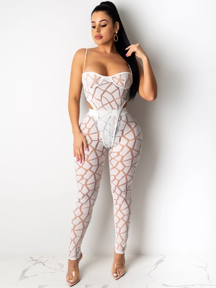 Solid Color Suspender Mesh Jumpsuit Two-piece Set 2023 Summer with Tight Pants White Hollow Sexy Jumpsuit for Nightclubs, Bar