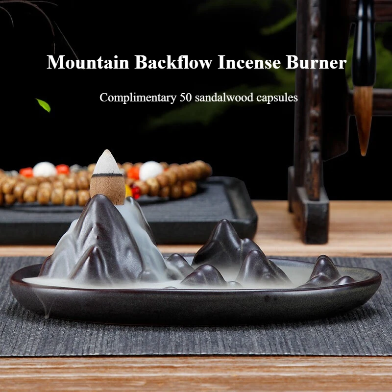 

Mountain backflow incense burner tea table ornament sandalwood aromatherapy grains (incense burner + 50 sandalwood grains)