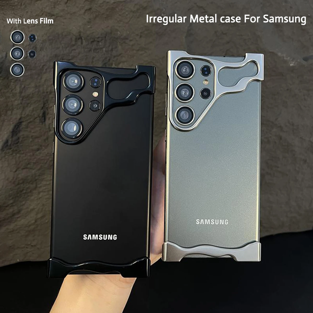 Luxury Irregular Aluminum Alloy Bumper Phone Case For Samsung S23 S24 Ultra S24Plus Lens Film Protection Metal Shockproof Cover