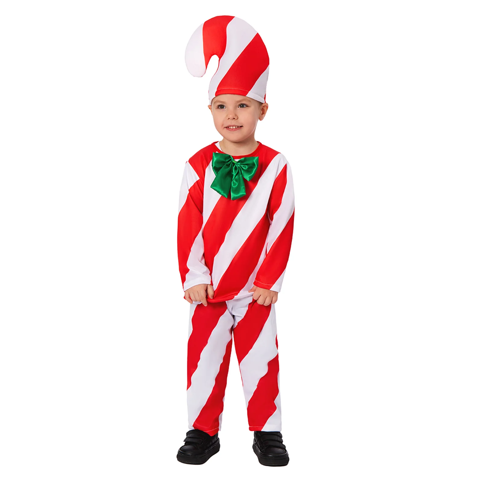 Candy Cane Costume Boys Girls Gift Box Christmas Cosplay Outfit Top Pants Hat Full Set Suit
