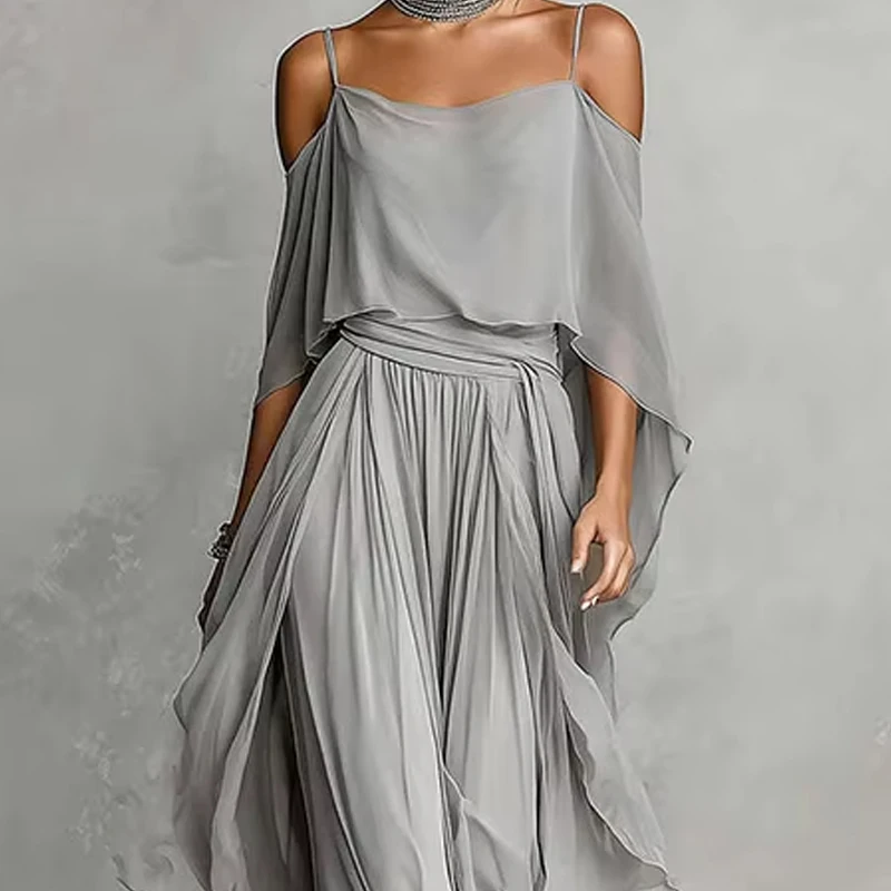 

Women Casual Hollow Sleeve Solid 2Pc Suits Fashion Draped Asymmetrical Outfits Elegant Off Shoulder Sling Tops & Long Pant Set