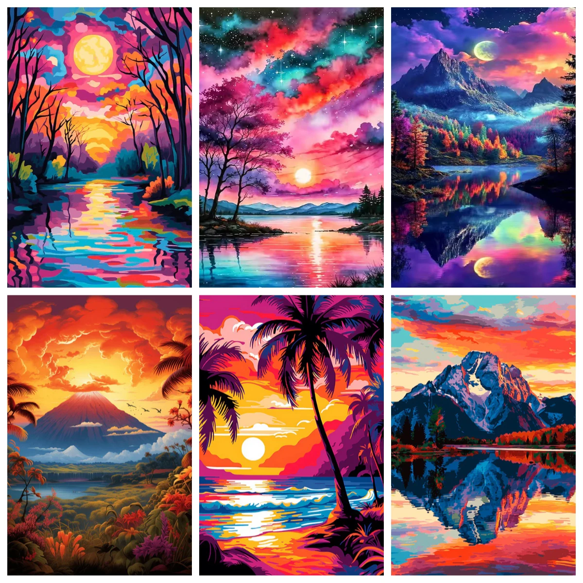 Mountain And Sunset Flower Seaside LandscapeDigital Oil Painting By Numbers on Canvas Home Decor for Living Room Handmade Gift