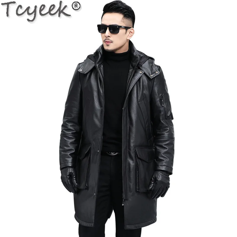 Tcyeek Genuine Leather Down Jacket Men Top Layer Cowhide Coats Winter Jackets Mie-length 90% White Duck Down Coat Mens Clothing