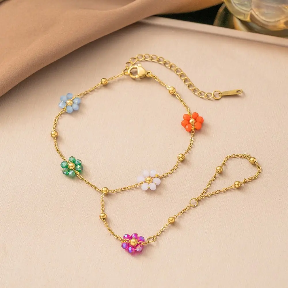 Stainless Steel Flower Bracelet Gold Color Flower Design Finger Wrist Chain Finger Wrist Integrated Crystal Beaded