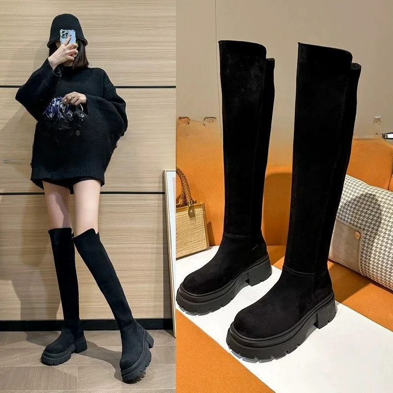 

Женские сапоги выше колена больших размеров, корейские зимние модные сапоги на подкладке Thi Heel, теплая резиновая подошва с круглым носком
