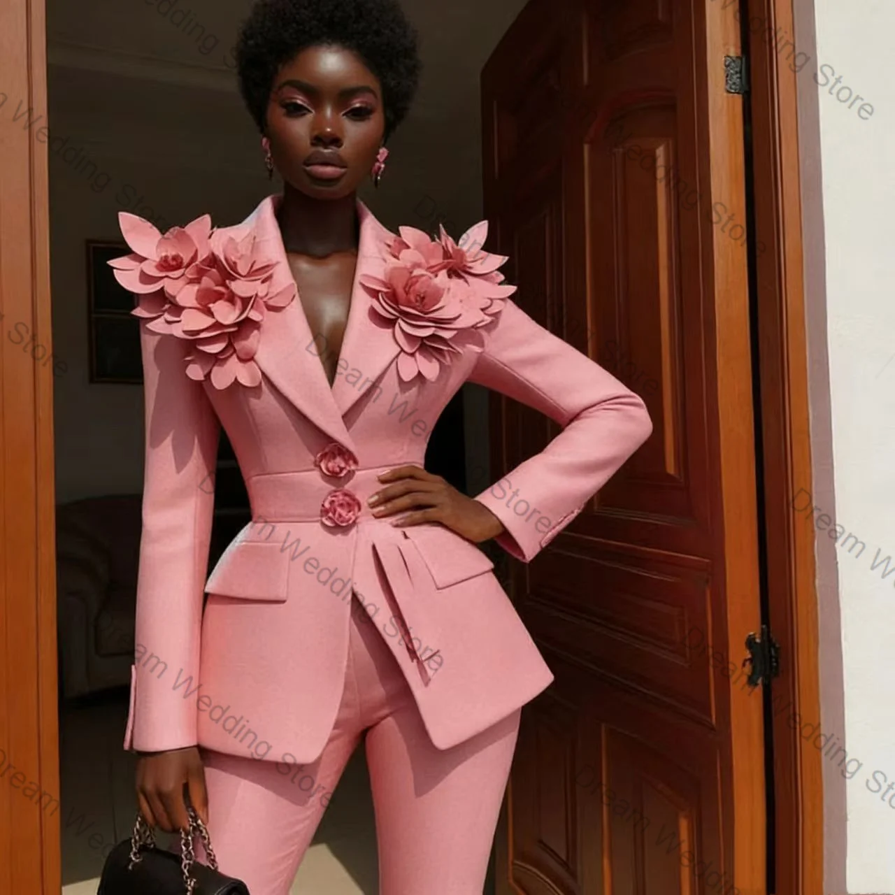

Pink Women Suit Set 2 Pcs Blazer+Pants Trousers 3D Flower Cotton Spring Formal Office Lady Jacket Customized Wedding Guest Coat