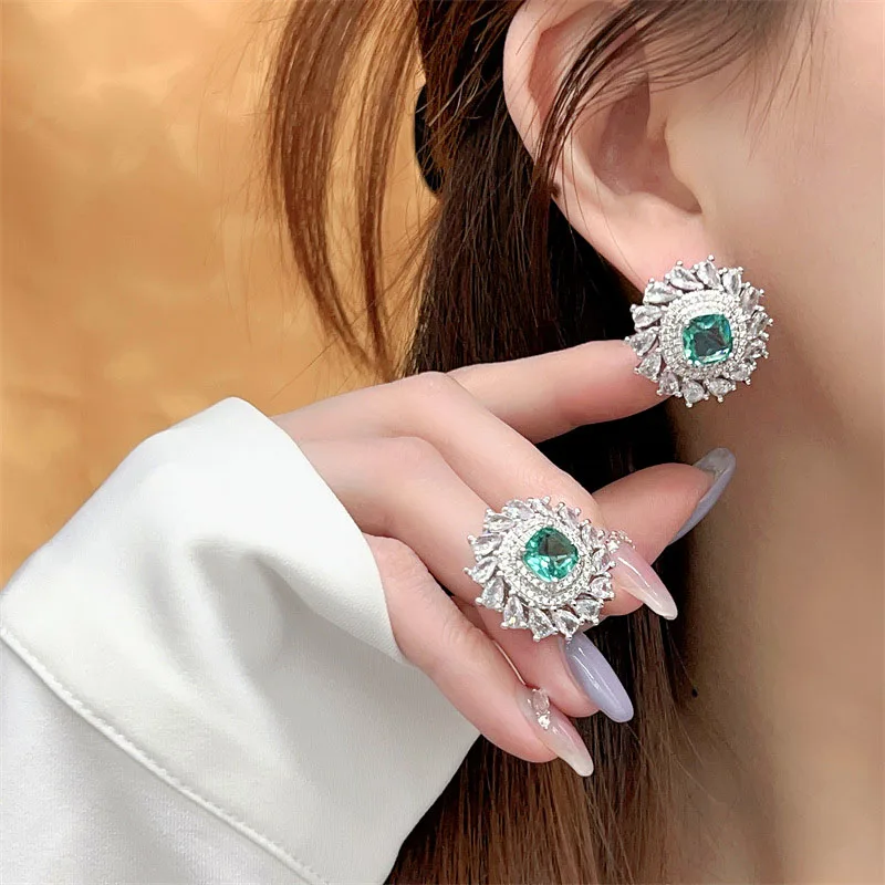 Temperament Retro Green Zirconia Adjustable Ring/Necklace/Earrings Jewelry Sets for Women\'s Birthday Party Luxury Accessories