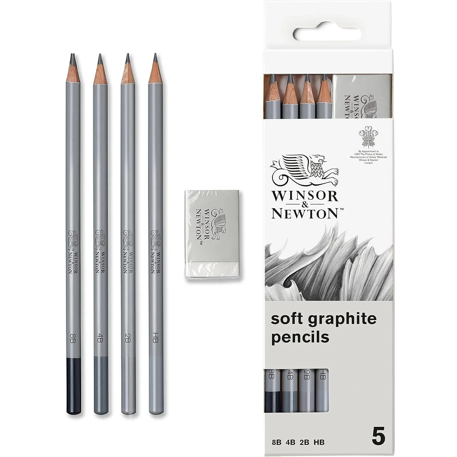 Winsor & Newton Soft Graphite Pencils (4 pencils + 1 eraser)