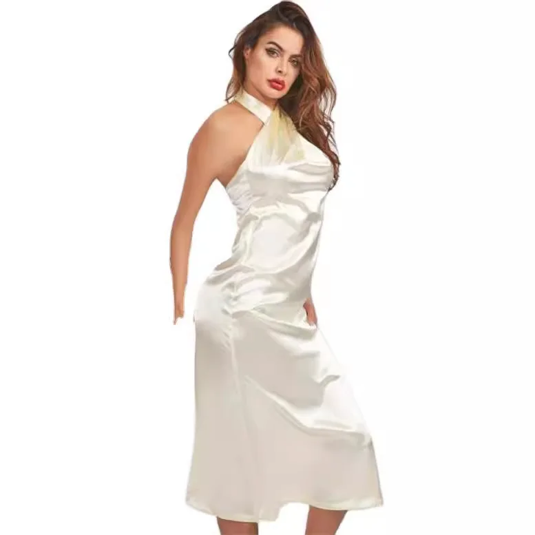 Robe brillante de style occidental pour femmes, col licou, dos nu, coupe couvertes, robe beige élégante, jupe de soirée sexy, nouveau