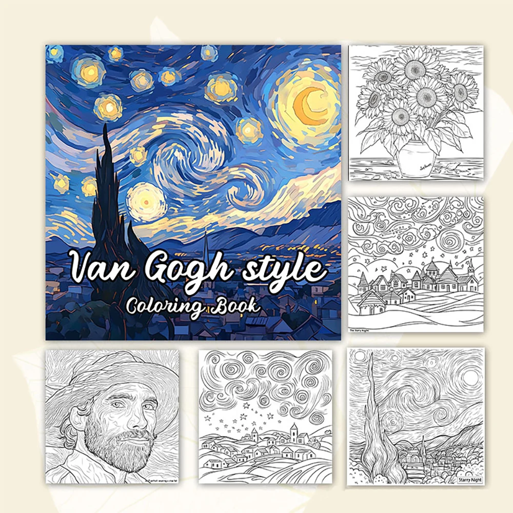 كتاب تلوين للبالغين مستوحى من Bview Art Van Gogh: علاج فني لتخفيف التوتر مع الرسوم التوضيحية المرسومة يدويًا وصفحات الرسم