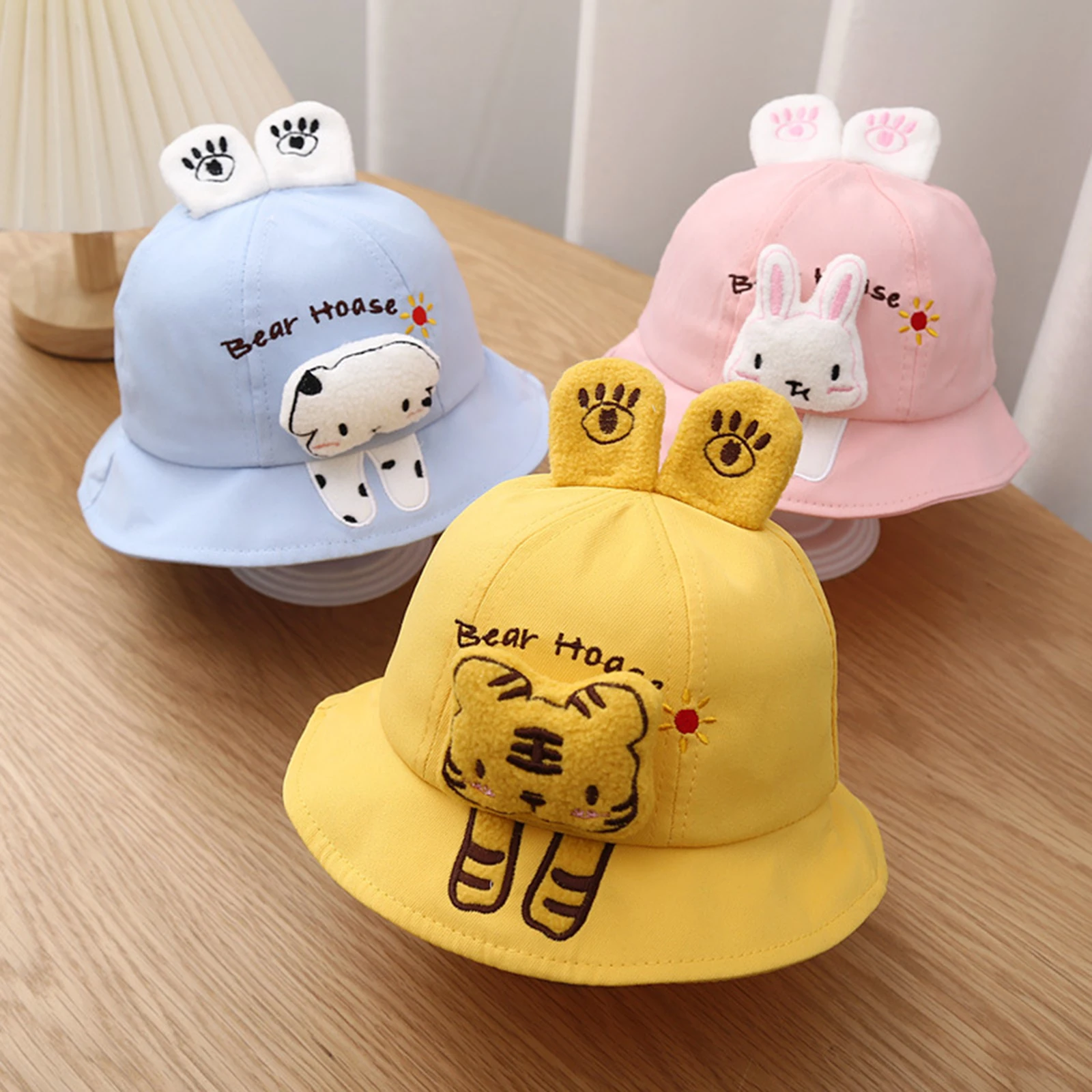 Infant Boys Girls Fisherman Hat 3D Plush Cartoon Animal Bear/Dog/Tiger/Rabbit Wide Brim Sun Protection Cap Sunscreen Basin Hats